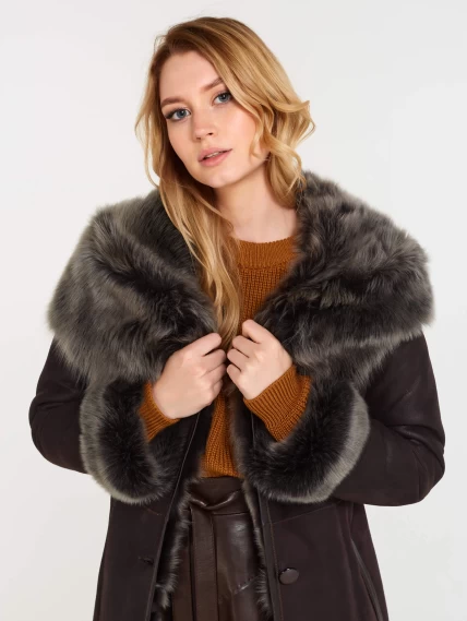 Женская длинная дубленка из тосканы с капюшоном 131, коричневая, размер 44, артикул 61161-3