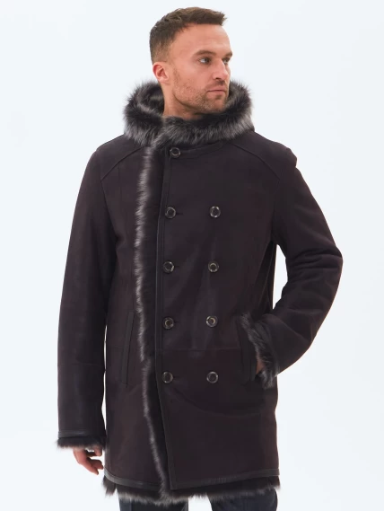 Двубортная мужская дубленка из тосканы с капюшоном премиум класса 415, коричневая, размер 52, артикул 71600-0