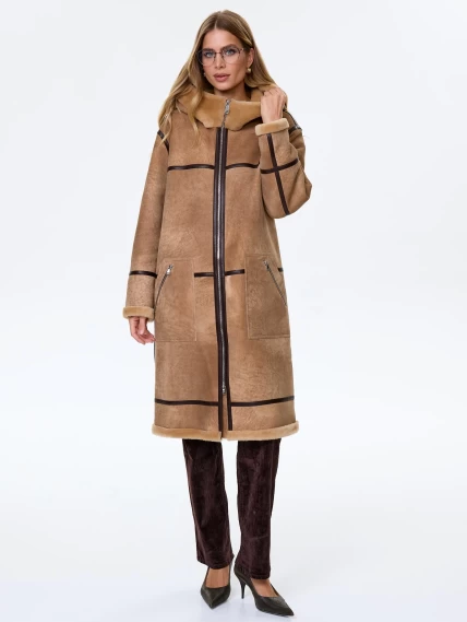 Длинное женское пальто с капюшоном из натуральной овчины премиум класса 2061, светло-коричневое, размер 44, артикул 64440-1