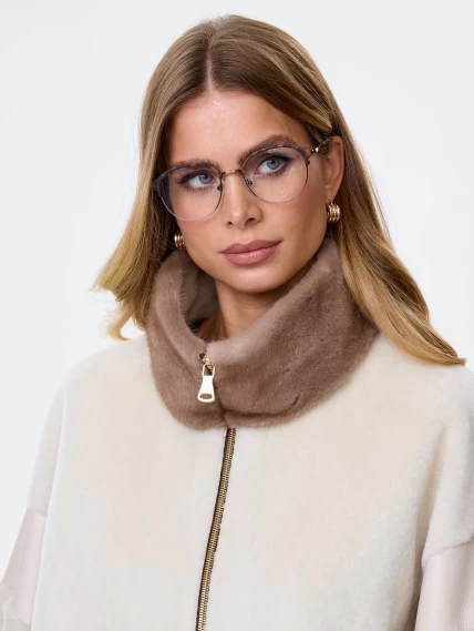 Женское полупальто с норковым воротником из натуральной овчины премиум класса 2057, белое, размер 44, артикул 64510-3