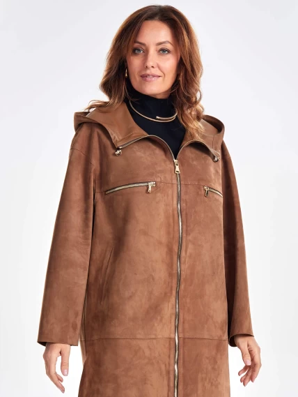 Замшевое женское пальто оверсайз с капюшоном на молнии премиум класса 3058з, светло-коричневое, размер 52, артикул 25700-4