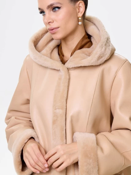 Женская классическая дубленка с капюшоном премиум класса 2004, бежевая, размер 54, артикул 62840-5