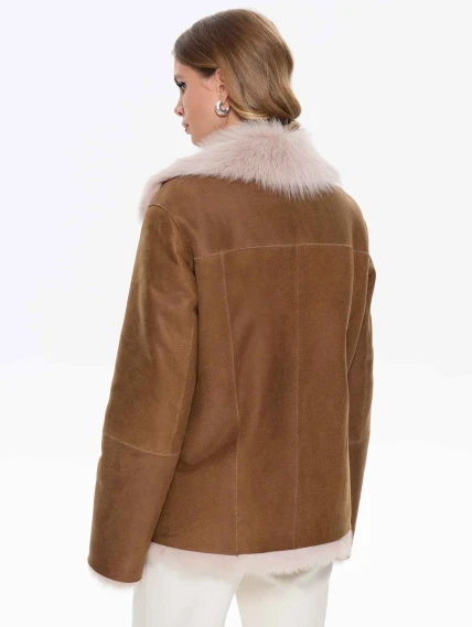 Короткая женская дубленка из тосканы 2068, бежевая, размер 56, артикул 64730-5