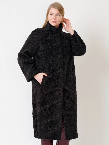 Длинная шуба из меха каракуля женская 17101, коричневая, размер 44, артикул 22700-0