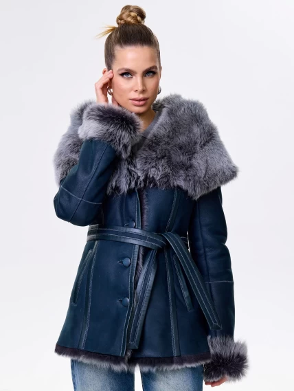 Короткая женская дубленка из тосканы с капюшоном 122, синяя, размер 40, артикул 14871-3