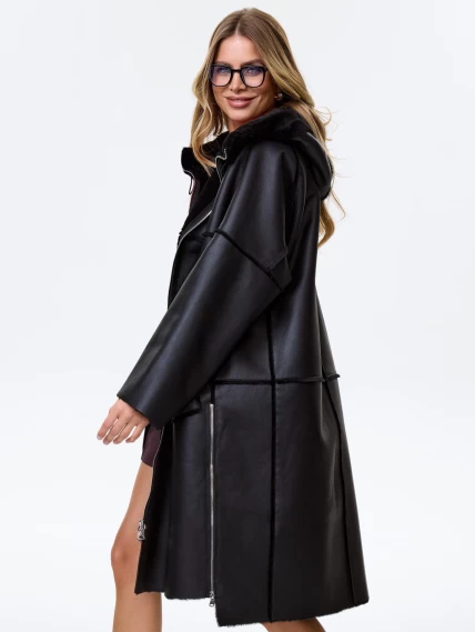 Стильная женская дубленка оверсайз с капюшоном премиум класса 2052, черная, размер 46, артикул 64470-6