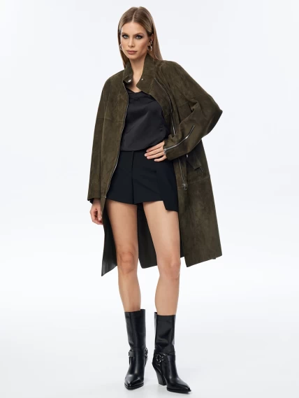 Длинный замшевый плащ оверсайз для женщин премиум класса 3041з, оливковый, размер 54, артикул 23580-1