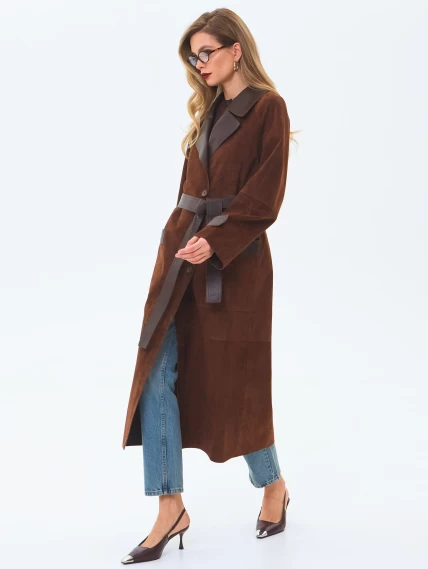 Длинный женский замшевый плащ премиум класса 3083з, коньячный, размер 48, артикул 24550-1