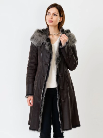 Длинная женская дубленка из тосканы с капюшоном 123нк, коричневая, размер 56, артикул 61901-0