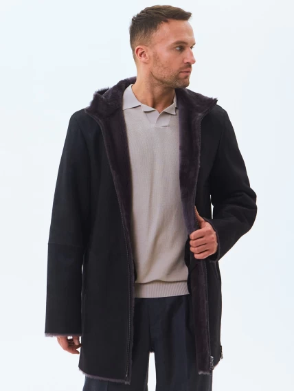 Длинная мужская дубленка из натуральной овчины премиум класса 438, черная, размер 52, артикул 41190-4