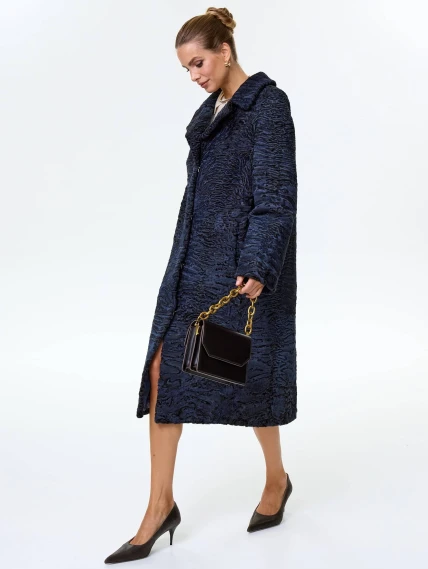 Длинная женская шуба из меха каракульчи премиум класса Лола(ав), синяя, размер 48, артикул 34010-2