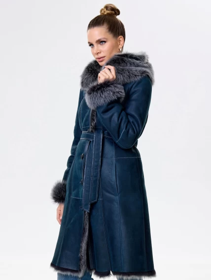 Длинная женская дубленка из тосканы с капюшоном 123нк, синяя, размер 40, артикул 61913-3