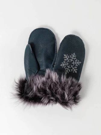 Синие варежки-снежинка из овчины меховой женские-0