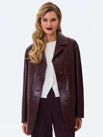 Бордовый женский кожаный пиджак премиум класса 3092-0