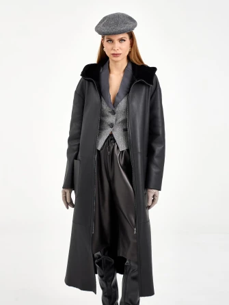 Длинная женская дубленка с капюшоном 2071-0