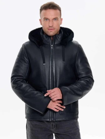 Короткая мужская дубленка с капюшоном премиум класса 441-0